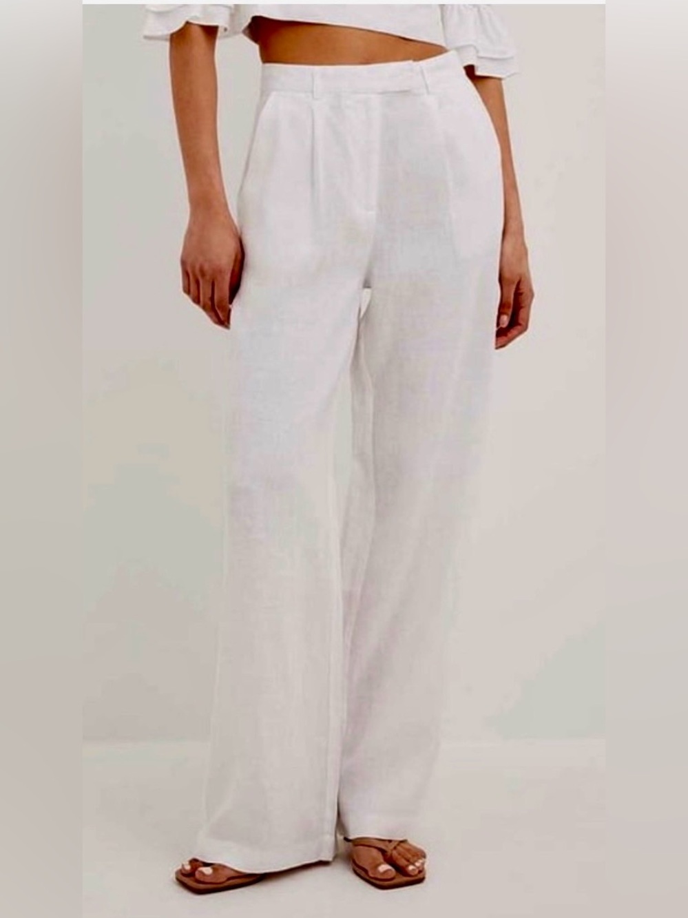 NA-KD Linen Wide Leg Pants Womens EU 34 (S) White High Rise Pleated Trousers 80s